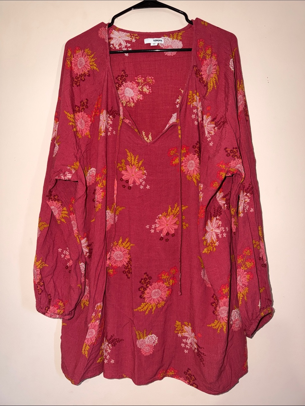 Sonoma Rose Pink Floral Tie-Neck Blouse